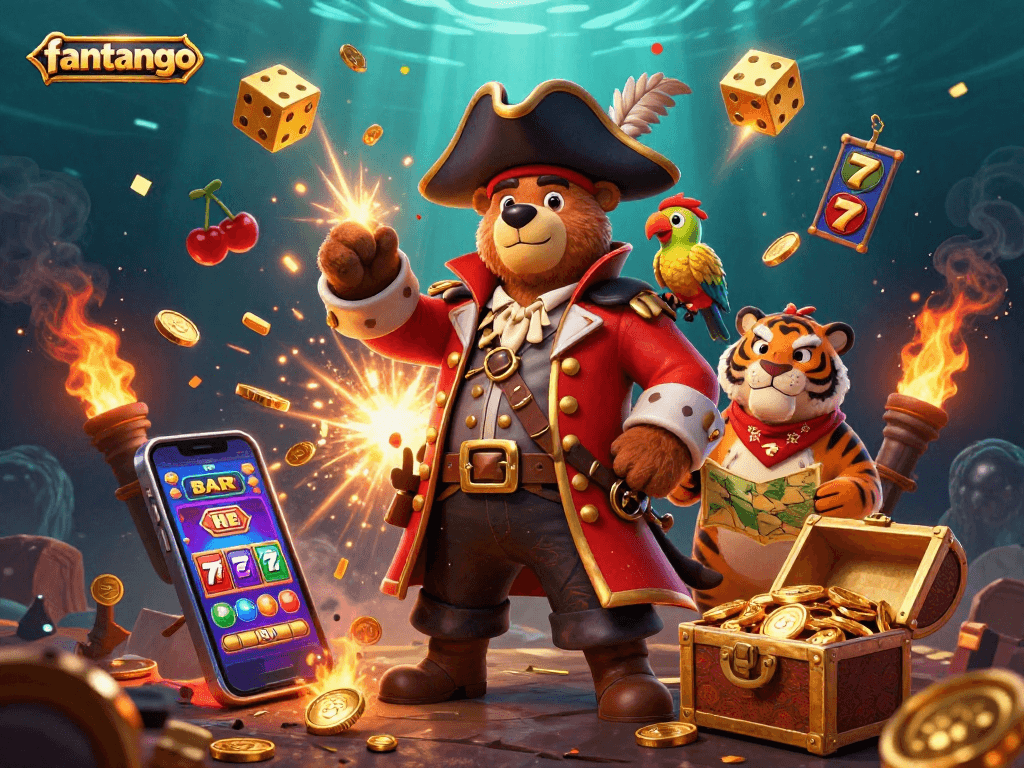 Experience the excitement of fantango with a bear captain and tiger first mate in a colorful casino adventure.