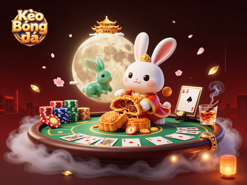 Kèo Bóng Đá poker scene with cartoon moon rabbit and casino elements for betting excitement.