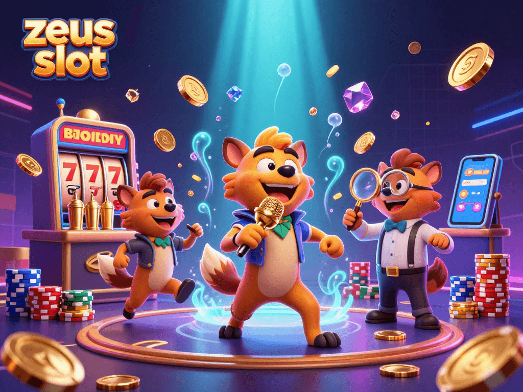 Menangkan jackpot besar di zeus slot dengan suasana kasino yang meriah dan karakter lucu.