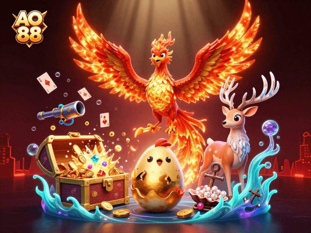 Experience the excitement of AO 88 with a vibrant 3D casino illustration showcasing winning elements.