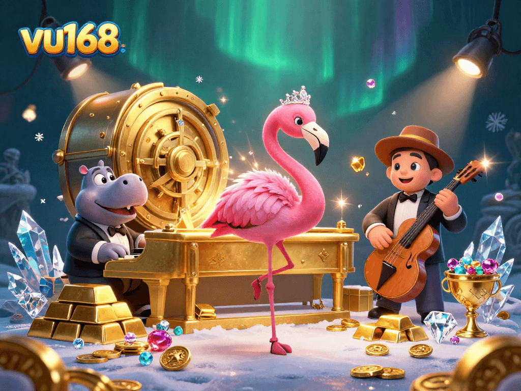 Experience the thrill of betting at vu168 with vibrant casino characters and dynamic gold treasures.