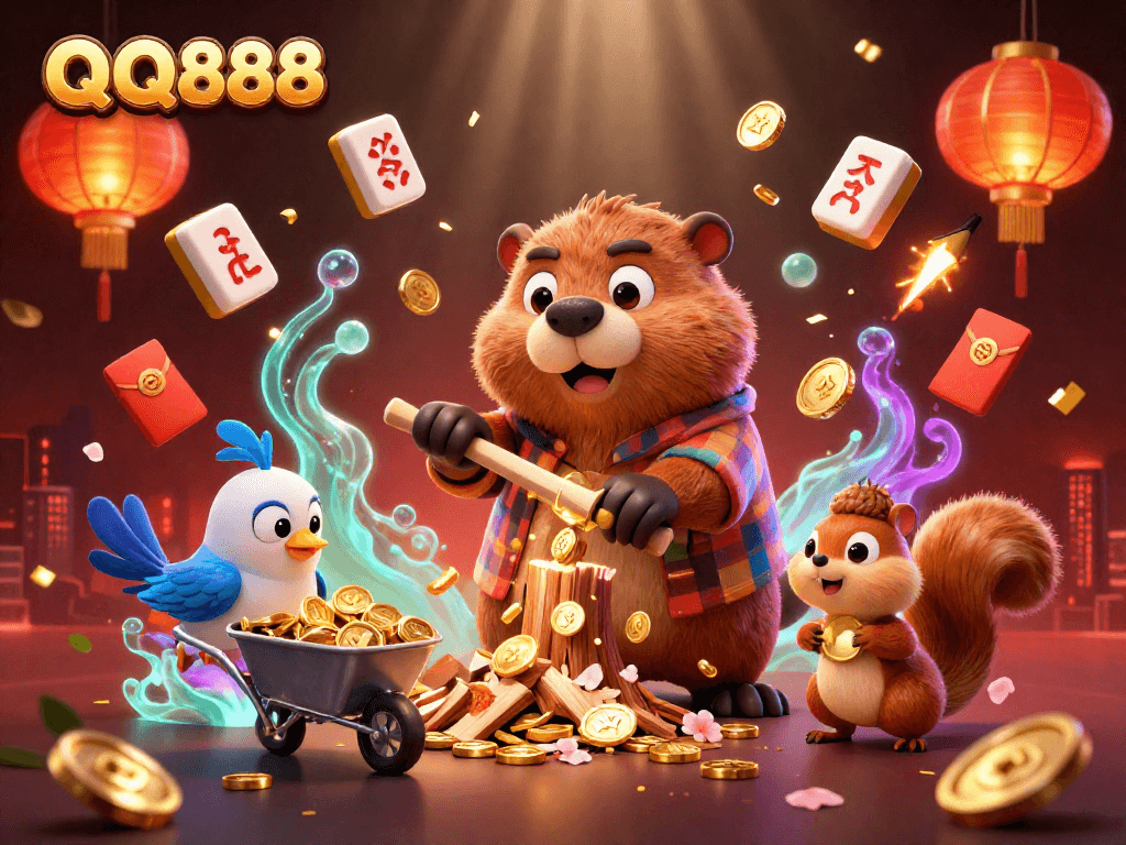 Engage in thrilling play at QQ888 with a vibrant illustration of lucky characters collecting riches.