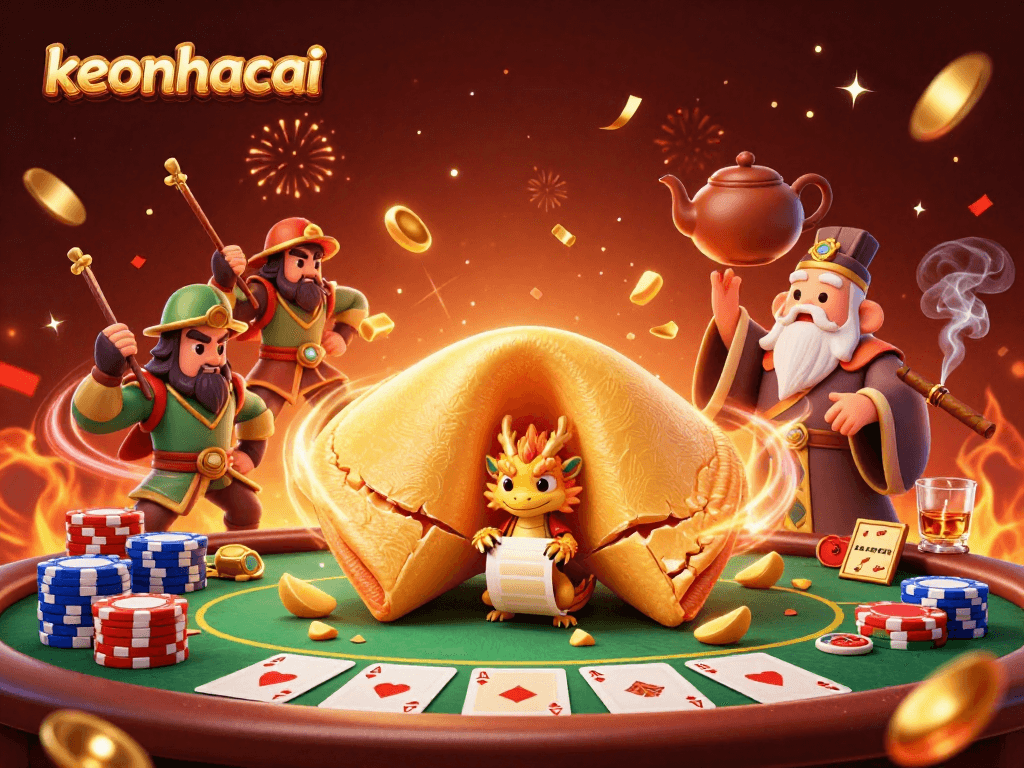 Play with keonhacai in a vibrant casino scene featuring a golden fortune cookie and poker elements.