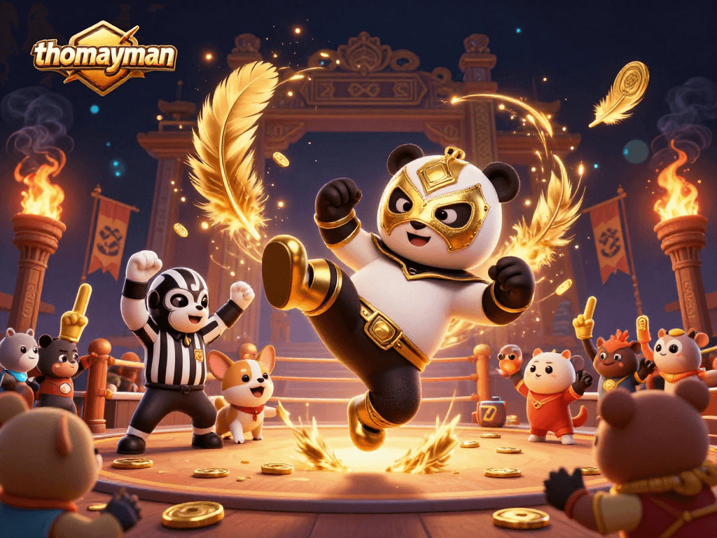 thomayman features a panda wrestler kicking with a crowd cheering, amidst vibrant casino elements