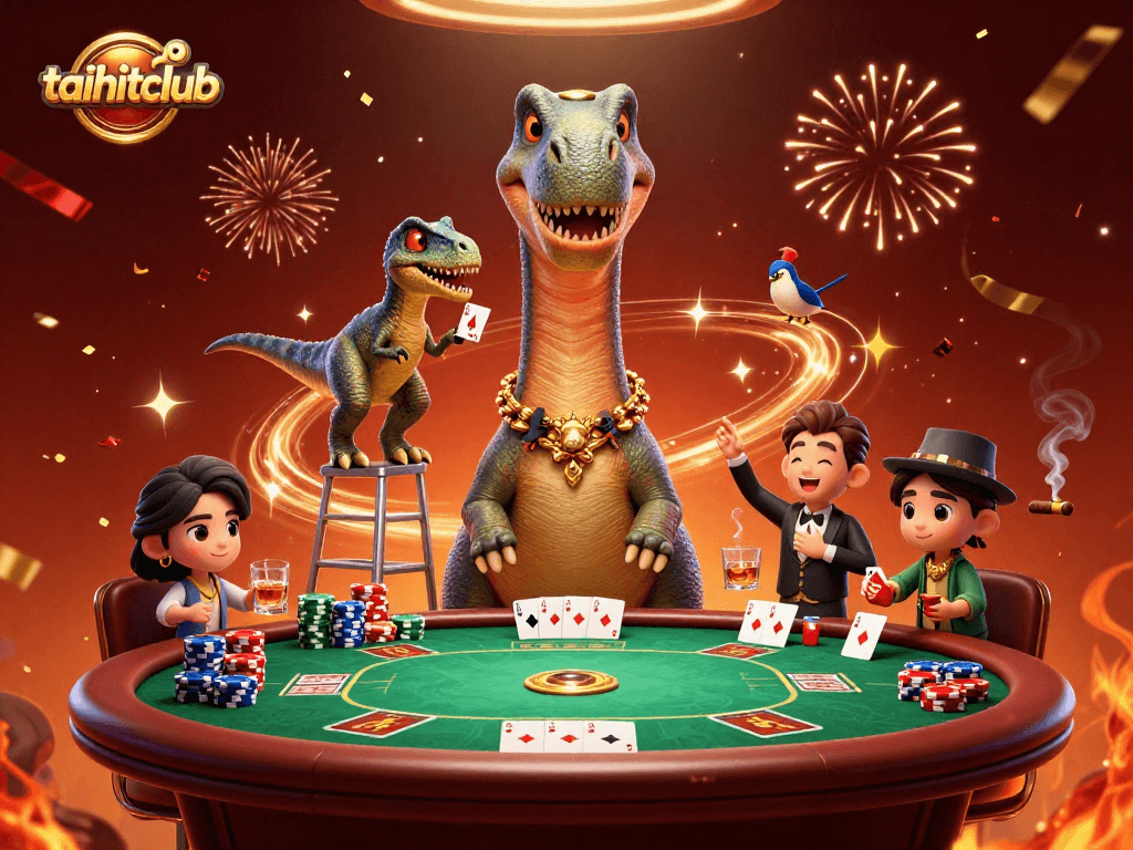 Experience the excitement of taihitclub as a giant brontosaurus watches over a thrilling poker game.