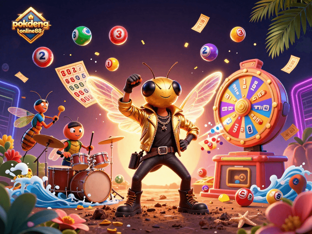 Engage with pokdeng-online88 through this vivid and dynamic casino-themed 3D illustration featuring exciting game elements.