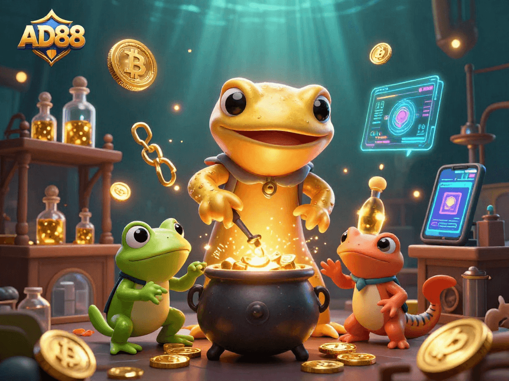 AD88 transforms gameplay with a unique 3D illustration of alchemy, gold, and crypto elements.