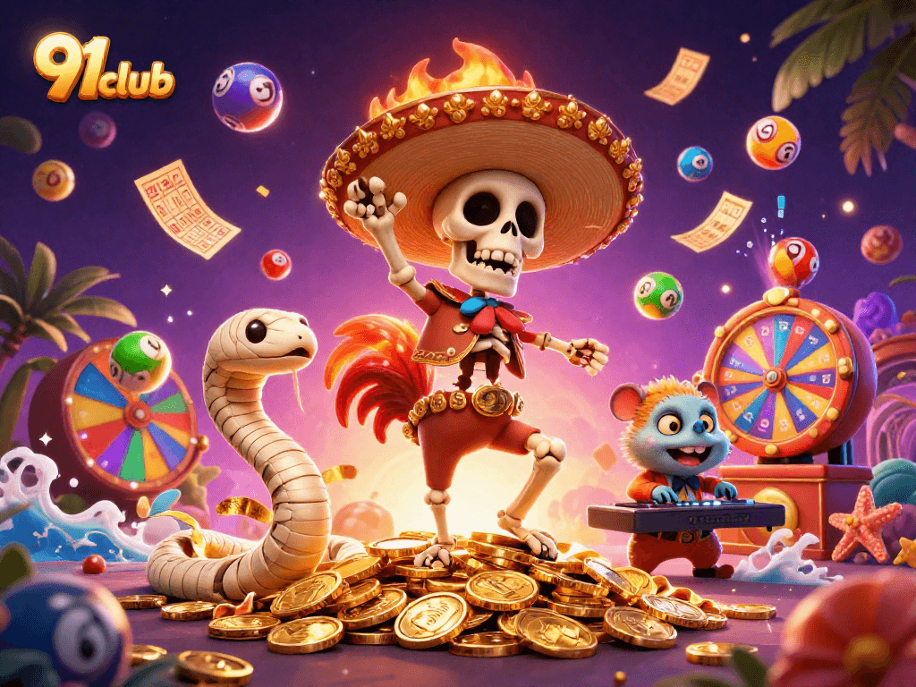 Experience thrilling gaming at 91club with dynamic lottery games, golden prizes, and vibrant characters.