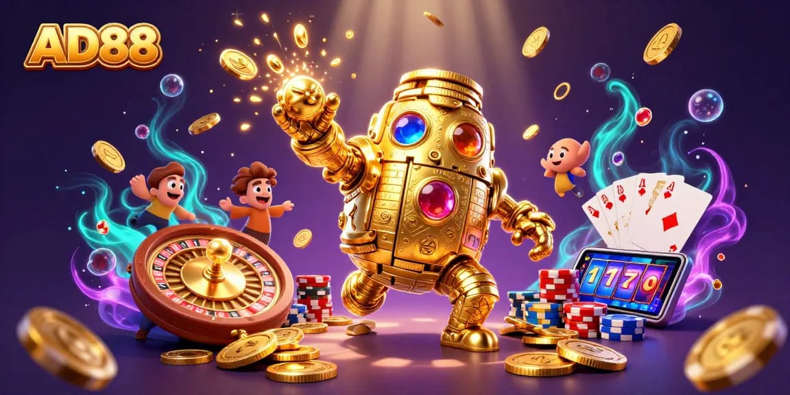 Spin the reels and win big with AD88's golden golem and casino elements in this vibrant illustration.