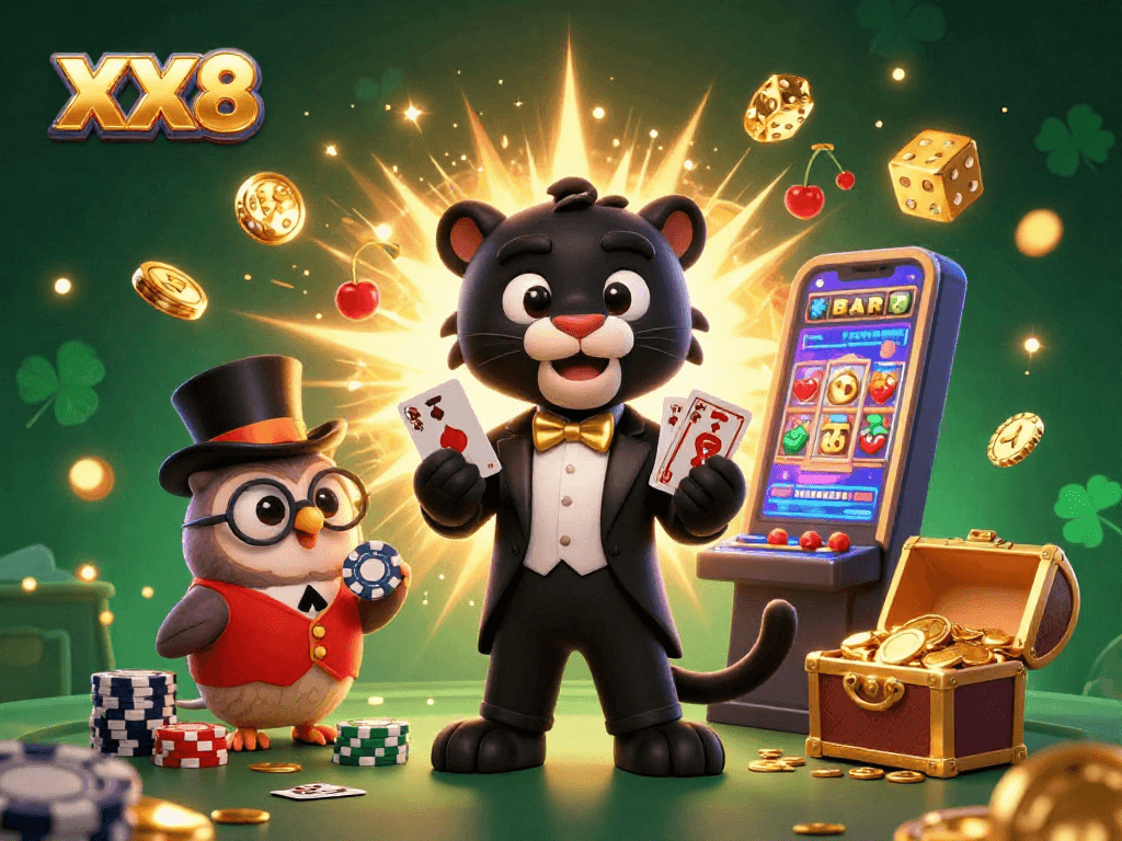 Experience excitement at XX8 as the cartoon black panther elegantly deals cards amidst a casino explosion of gold coins and jackpots.