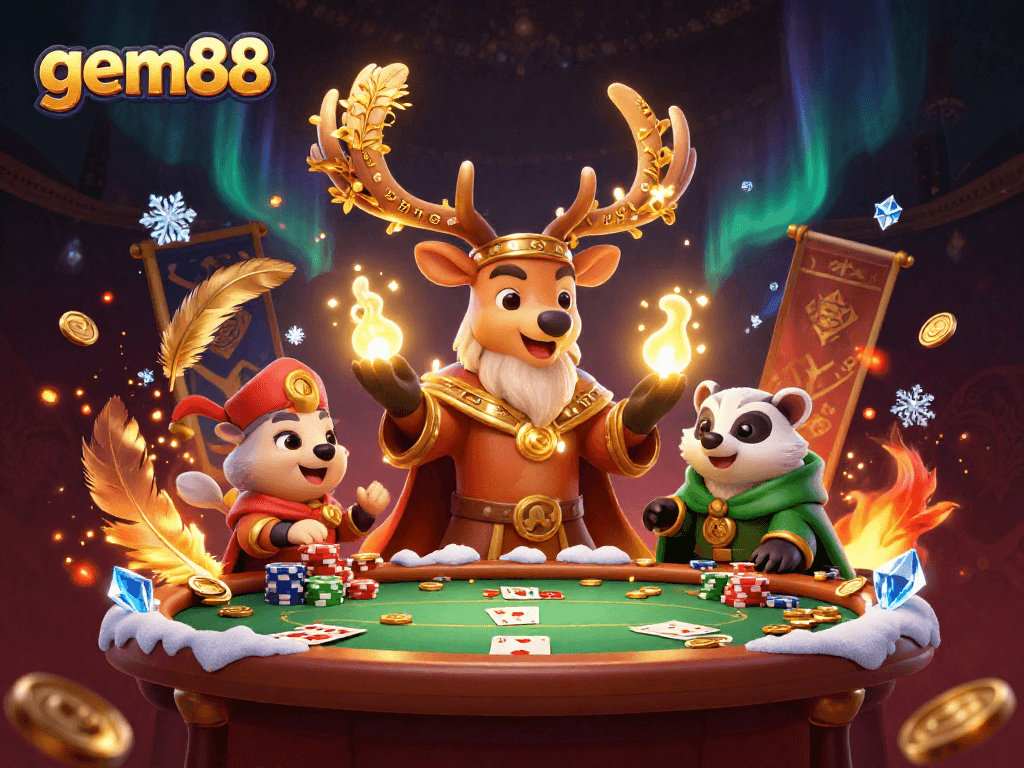 Reveal exciting hands with gem88 on the poker table amidst dazzling magical scenery.