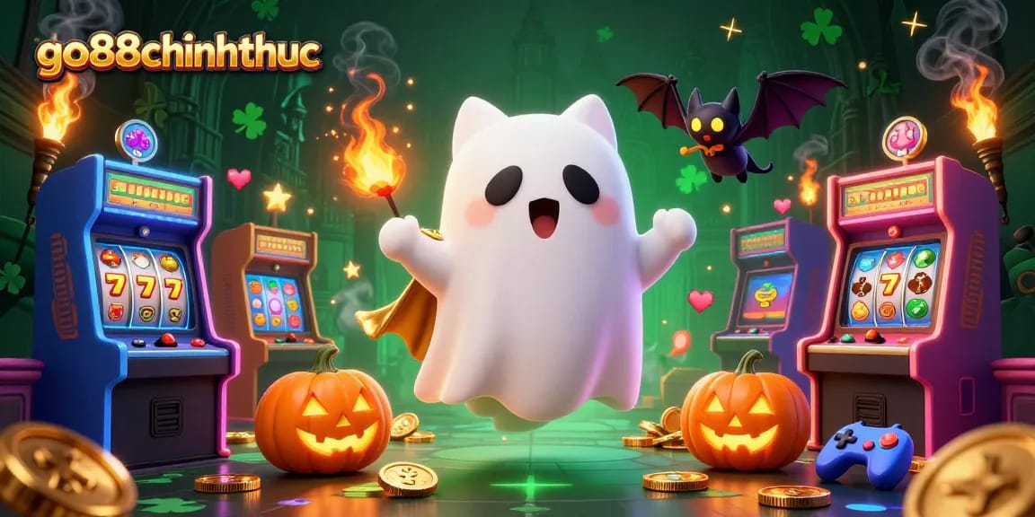 Engaging go88chinhthuc scene with ghost cat and bat in a vibrant haunted casino filled with slots and arcade games.