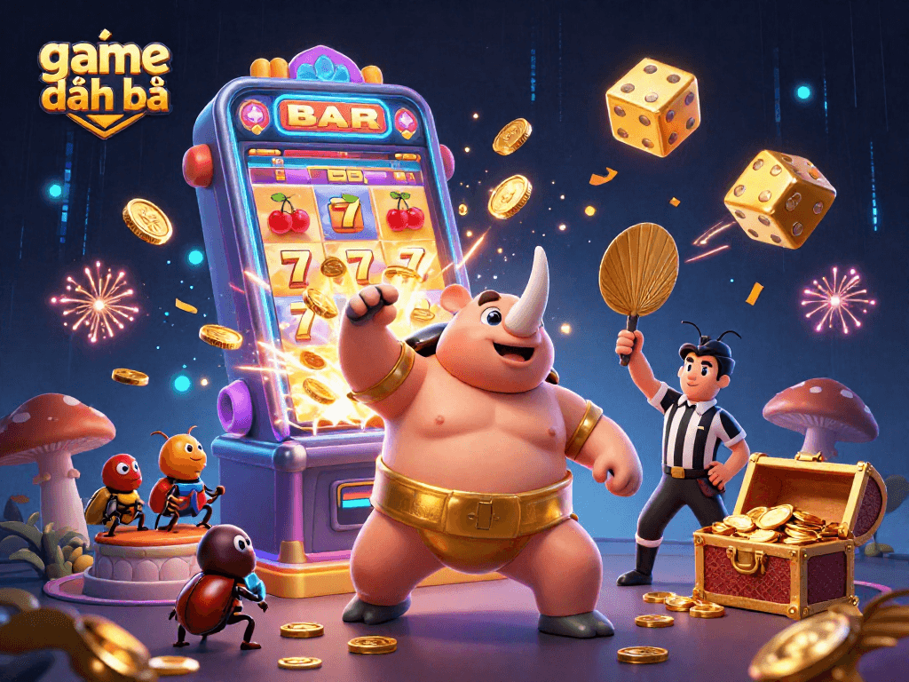 Experience the thrilling game đánh bài with a dynamic 3D casino scene featuring lively characters and gaming elements.