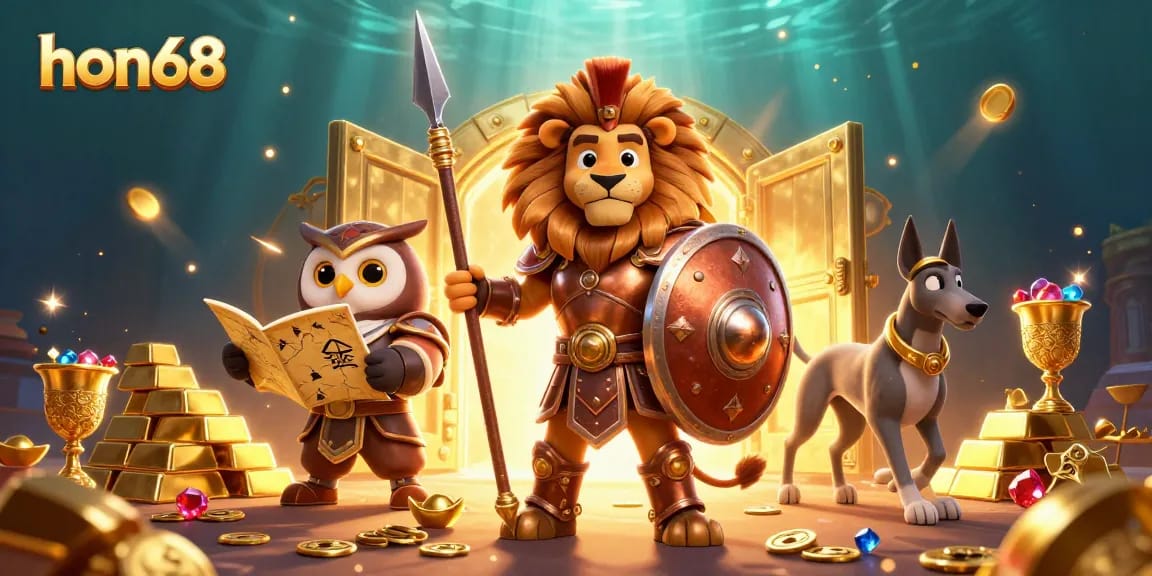 Exciting gaming adventure at hon68 with a Spartan lion, owl strategist, and greyhound amid treasure!