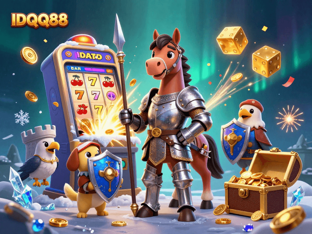 Exciting IDQQ88 gaming scene showcasing a medieval knight, squire puppy, and golden treasure amidst vibrant casino elements.