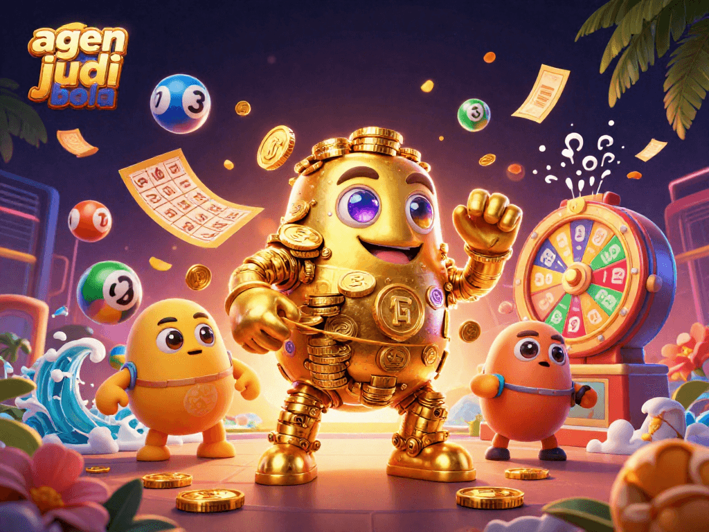 Engage in agen judi bola excitement with a dynamic scene showcasing vibrant lottery elements and a golden golem.