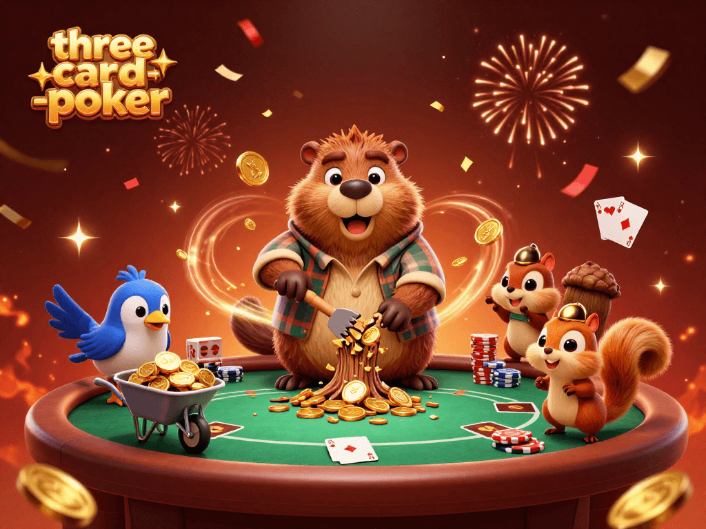 Engage with three-card-poker by stacking chips and winning with strategic hands in an animated casino scene.