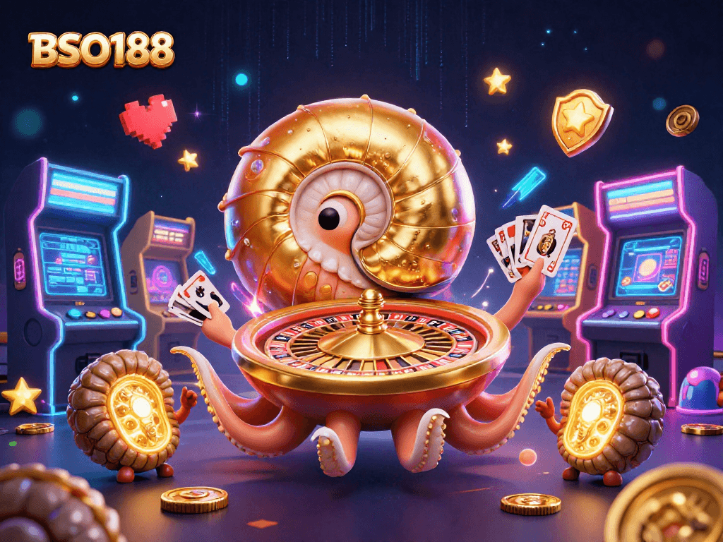 Spin the BSO188 roulette wheel with a captivating ancient nautilus in a vibrant casino scene.