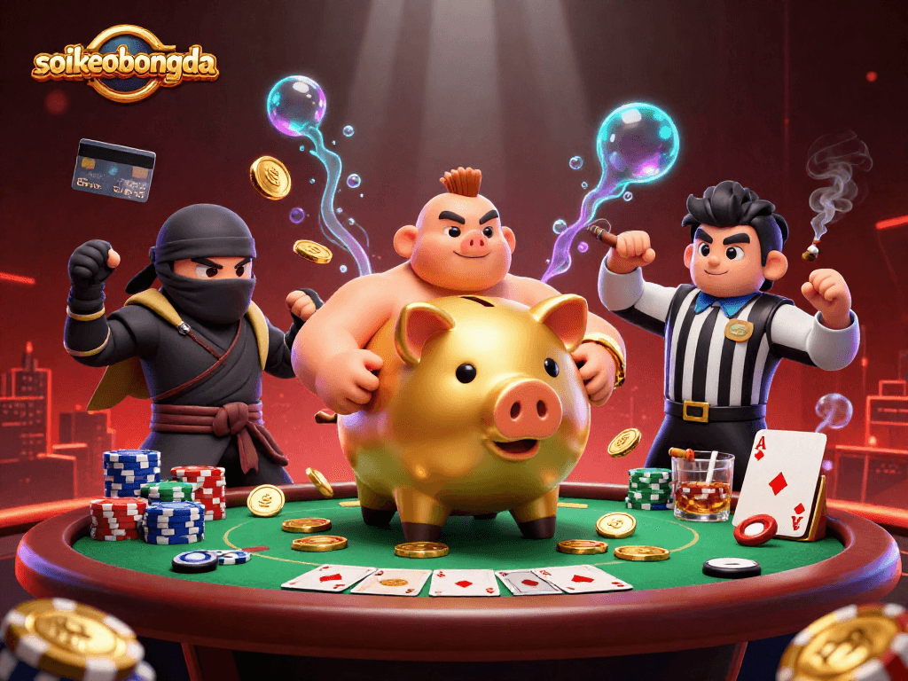 soikeobongda showcases a dynamic piggy bank wrestler amid poker elements and vibrant details
