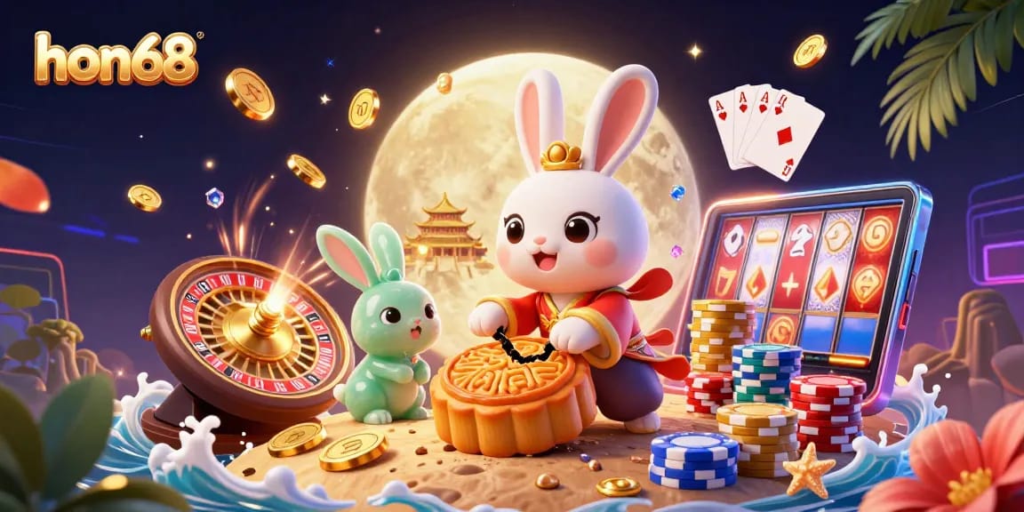 Place bets and win at hon68 with this vibrant casino-themed illustration featuring playful moon rabbits