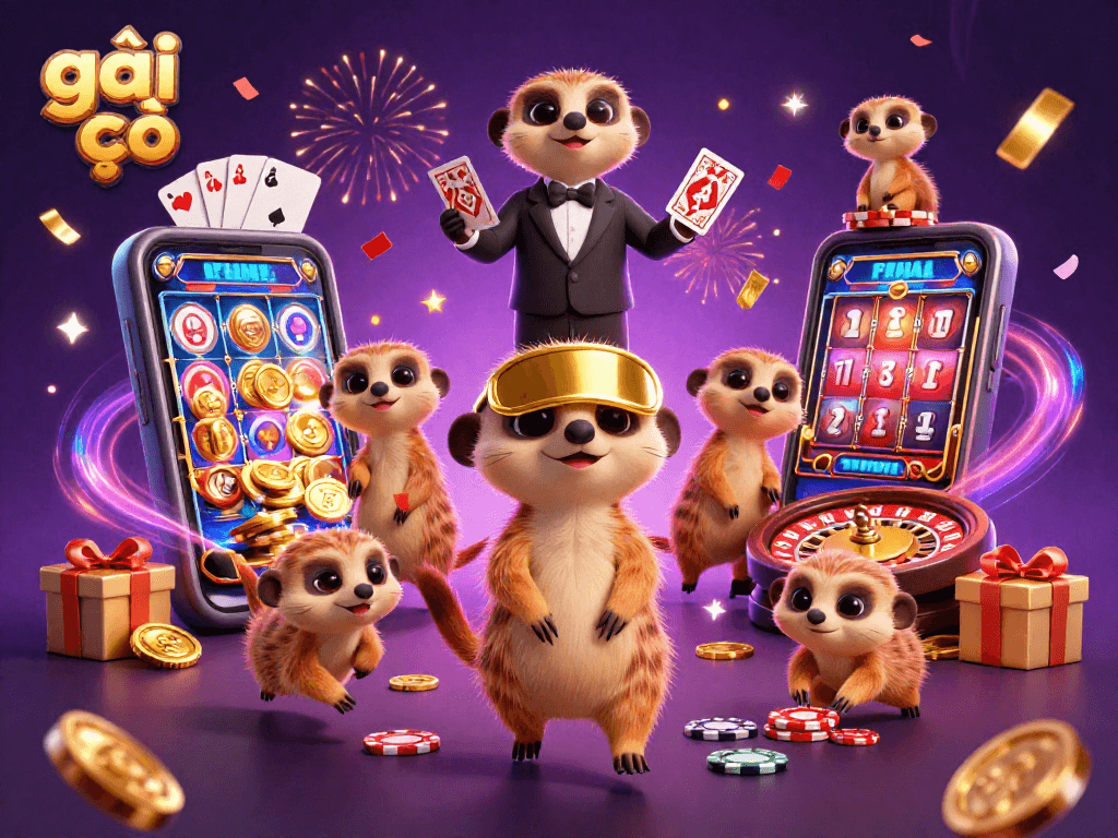 Gái gọi showcases a lively meerkat casino scene with exciting games and festive celebration.