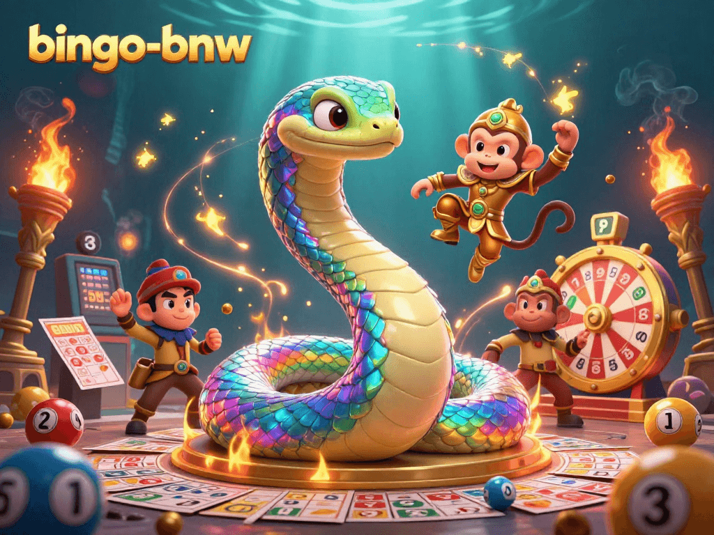 Engage in the excitement of bingo-bnw with vibrant character art featuring a rainbow serpent and playful elements.