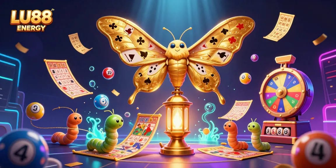 Engage with LU88 ENERGY's captivating illustration featuring a golden moth amid dynamic lottery excitement, showcasing vibrant gambling elements.