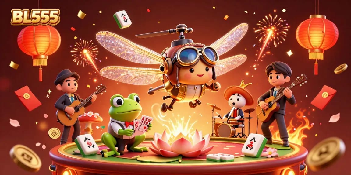 Engage with BL555 at an exciting lily pad casino featuring entertaining characters and vibrant gambling elements.