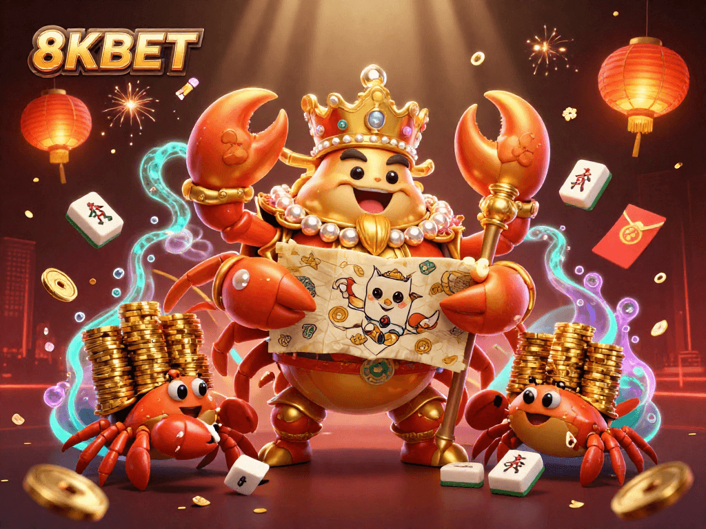 Experience the thrill of 8KBET with a vibrant, royal crab emperor amidst a treasure-rich atmosphere.