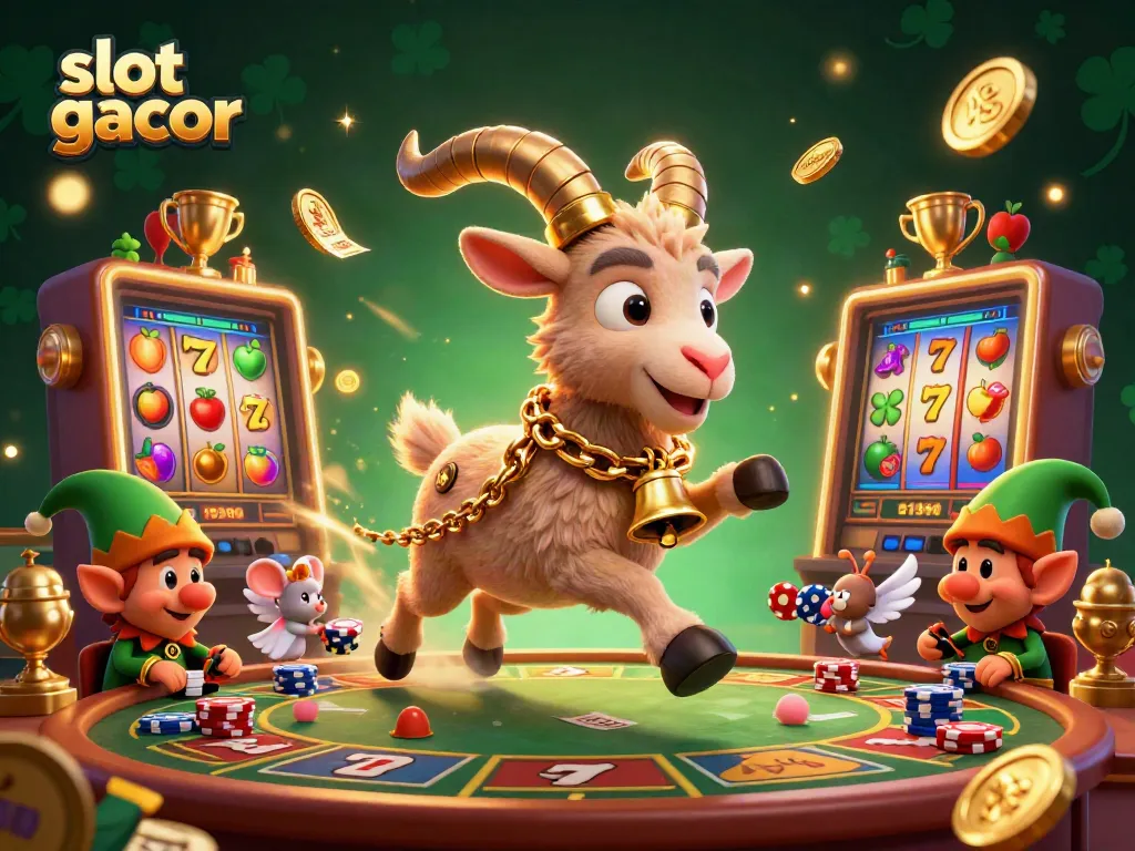 Experience the thrill of slot gacor in a lively casino with 3D characters, coins, and slot reels.