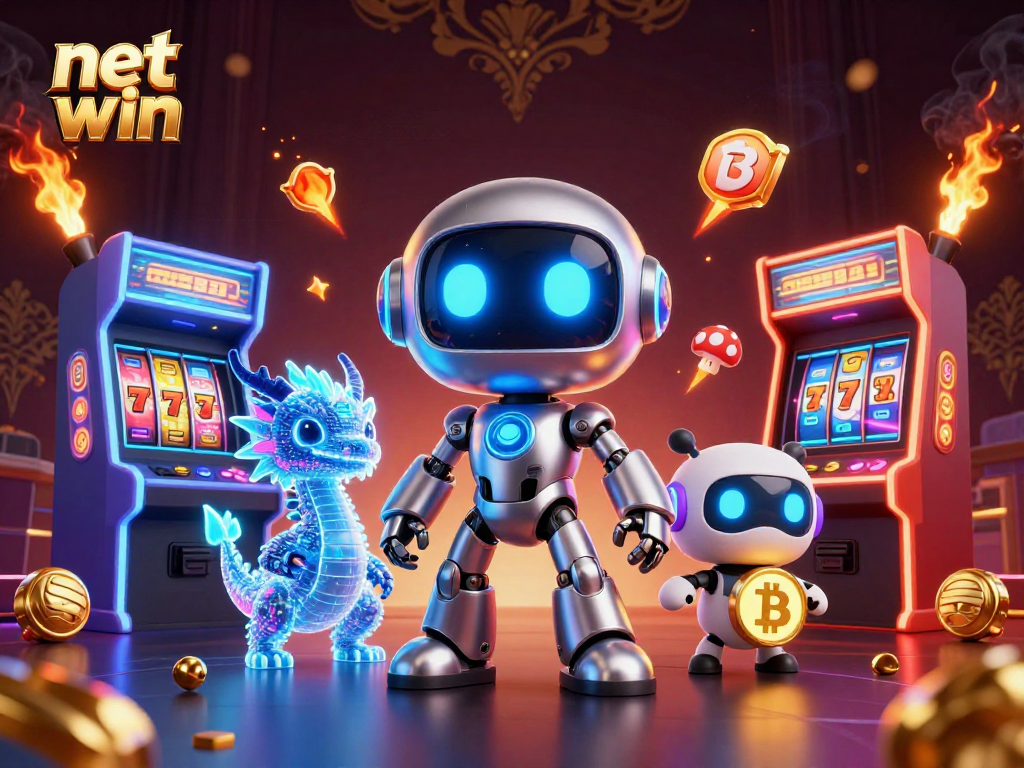 Experience the thrill of net win with a futuristic casino-themed illustration showcasing vibrant characters and gaming elements.