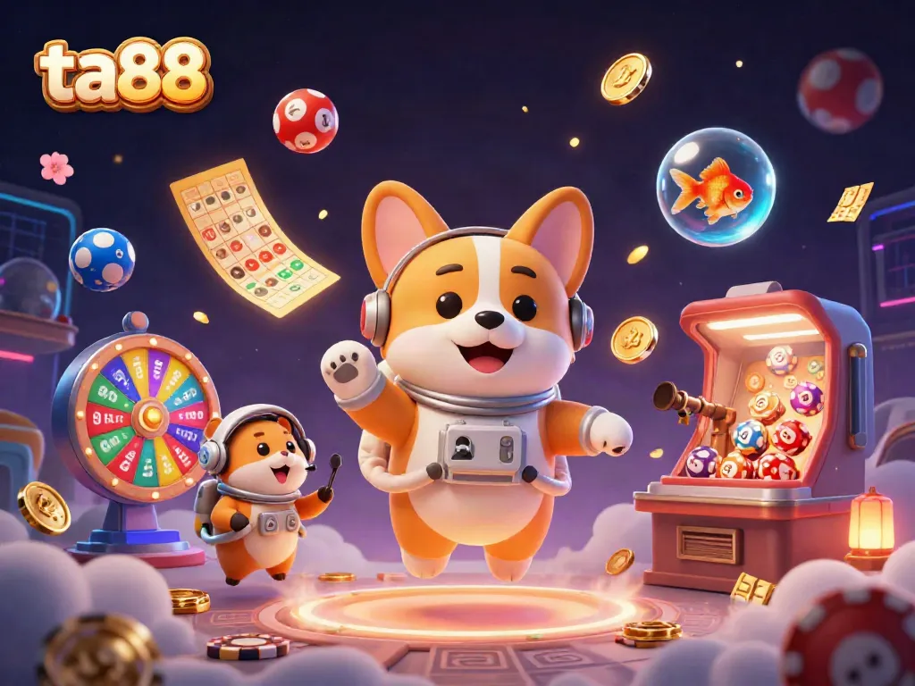 Experience the engaging ta88 gaming environment with a cartoon corgi and vibrant lottery elements.
