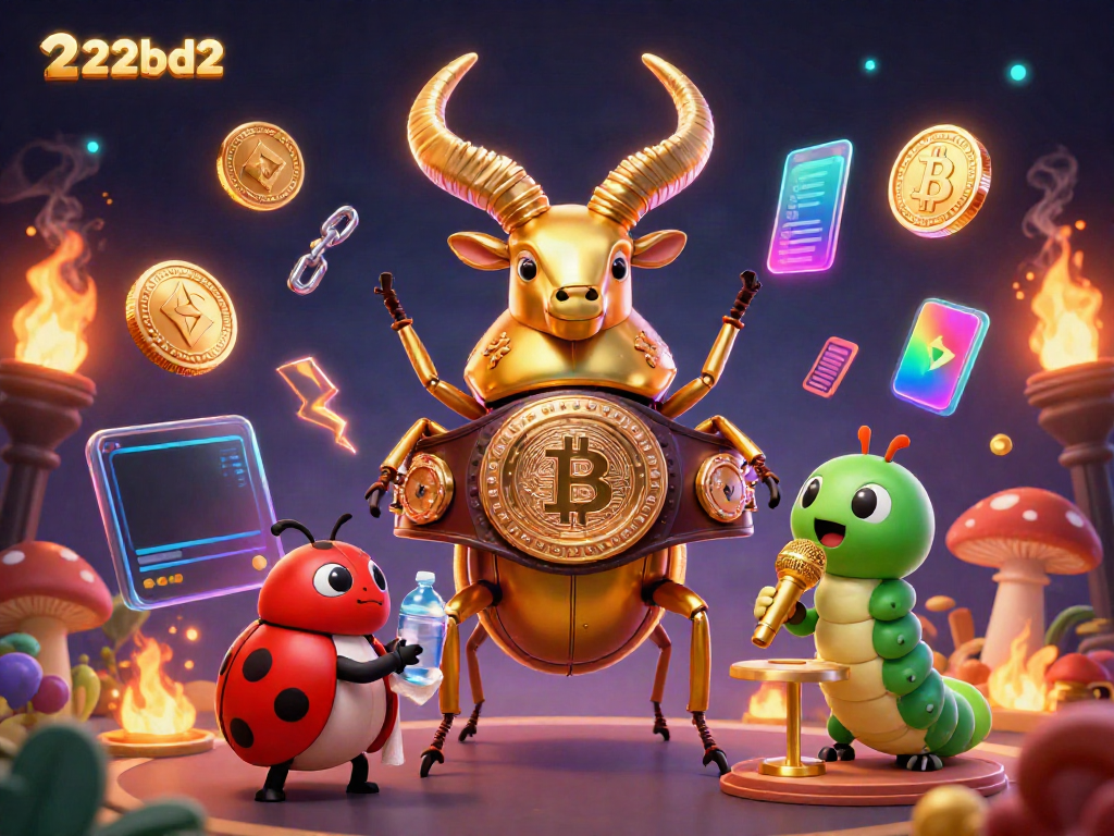 Engage with 222bd2's dynamic casino scene featuring vibrant characters and crypto elements.