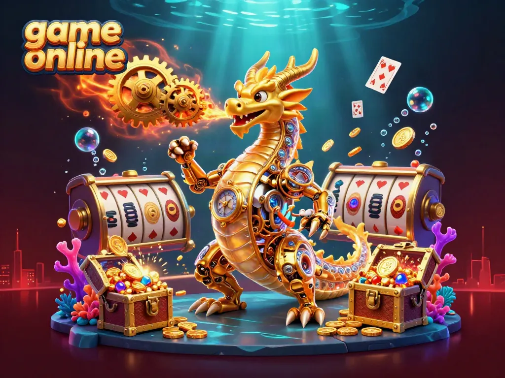 Experience the thrill of game online with this vibrant 3D illustration showcasing a golden dragon, slot reels, and treasure.