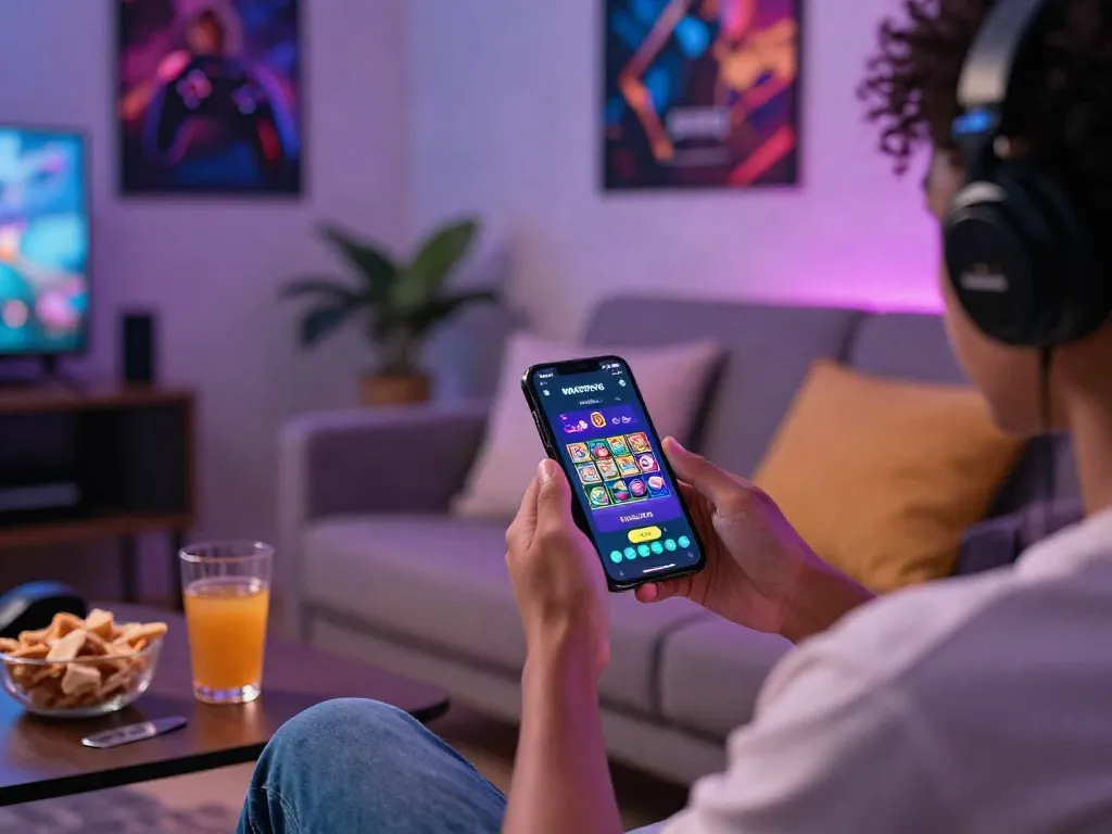 Pengguna menikmati aplikasi MARTOTO dengan permainan slot di smartphone di ruang tamu yang nyaman.