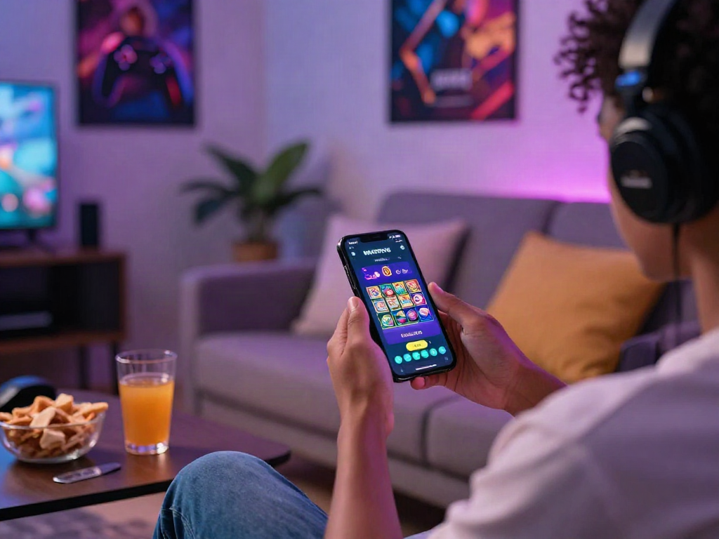 Pengguna menikmati aplikasi MARTOTO dengan permainan slot di smartphone di ruang tamu yang nyaman.