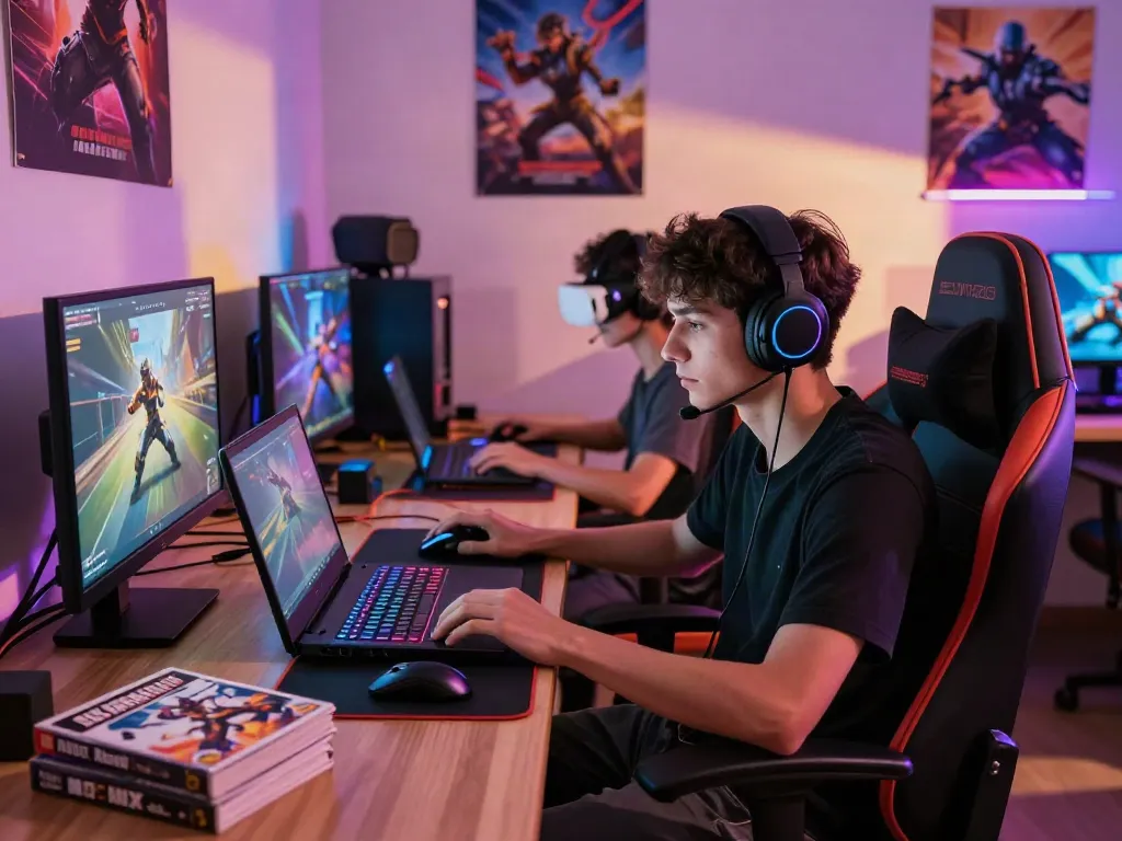 Engaged player in qqmacan gaming setup, vibrant RGB lighting and accessories.
