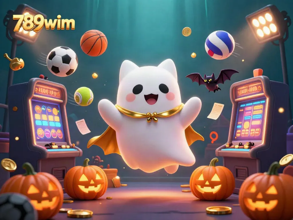 Catch the excitement at 789wim with a lively ghost cat, showcasing dynamic casino elements and sports action.
