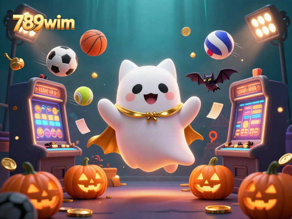 Catch the excitement at 789wim with a lively ghost cat, showcasing dynamic casino elements and sports action.