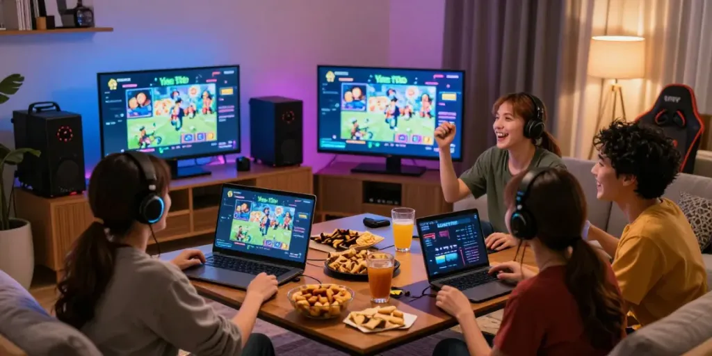 Group celebrating while playing Yume Toto game in a cozy living room.