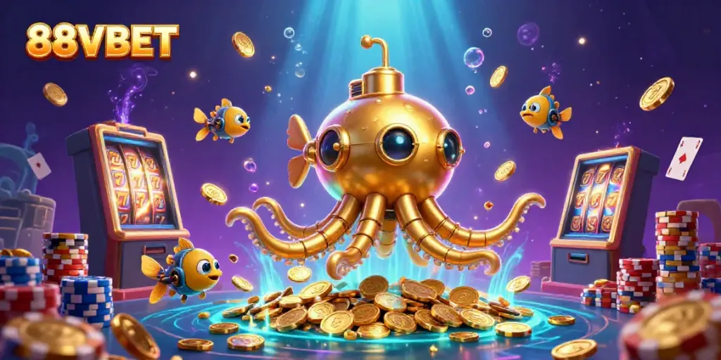 Experience thrilling gameplay with 88VBET's cartoon kraken submarine amidst flying coins and slots.