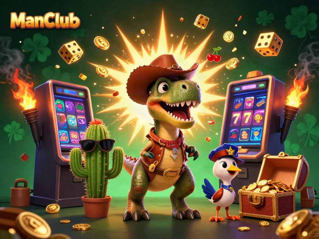 Engage with ManClub’s thrilling slots experience through a colorful 3D casino scene.