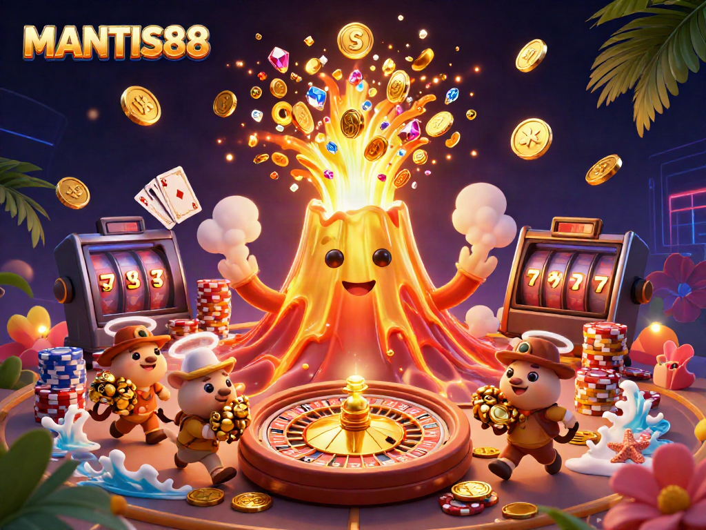 MANTIS88 showcases triumphant golden volcano and treasure-seeking animals in an exciting casino adventure.