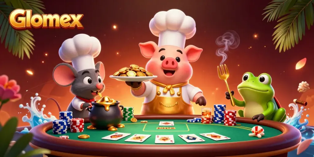 Engage with Glomex's vibrant casino scene featuring a chef pig serving gold, poker chips, and action.