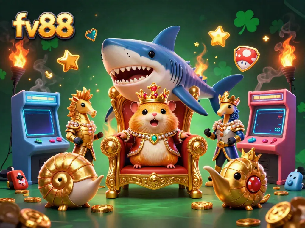 Fv88 brings an exhilarating casino experience to life with a vibrant scene featuring a fierce hamster king and gaming elements.