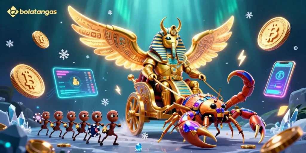 Experience bolatangkas strategy with golden scarab beetle in a rich, colorful casino scene.