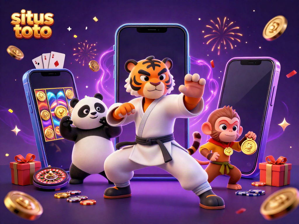 Experience excitement with situs toto as a kung fu tiger and friends celebrate wins in a vibrant casino scene.