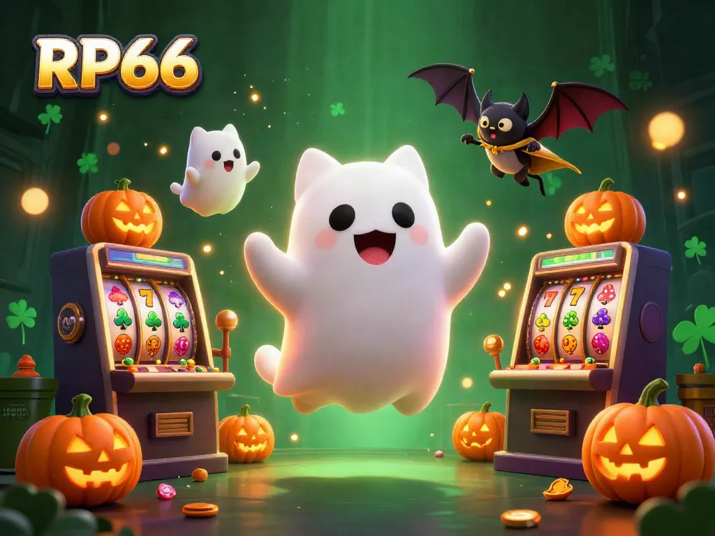 Experience the thrill of RP66 with a friendly ghost cat and vampire bat exploring a haunted casino, surrounded by enchanting slot machines.