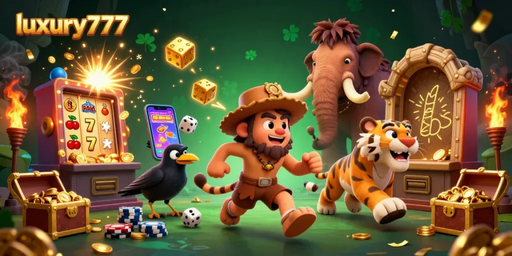 Experience the excitement of luxury777 with a dynamic prehistoric casino scene filled with jackpot explosions and vibrant game elements.