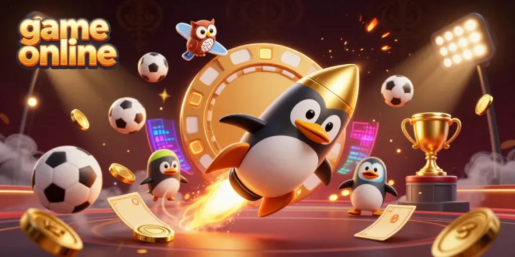 Experience thrilling game online action with a golden penguin rocket and casino-themed adventures amidst dynamic sports elements.